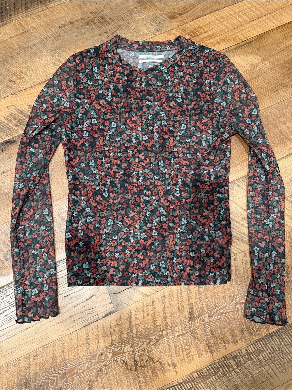 Anthropologie Floral Mesh Long-Sleeve Top in Black, Rust & Sage